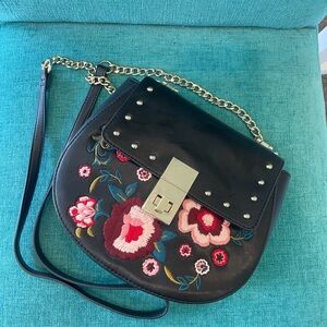 Express Black and Pink Crossbody Bag with Floral Embroidery